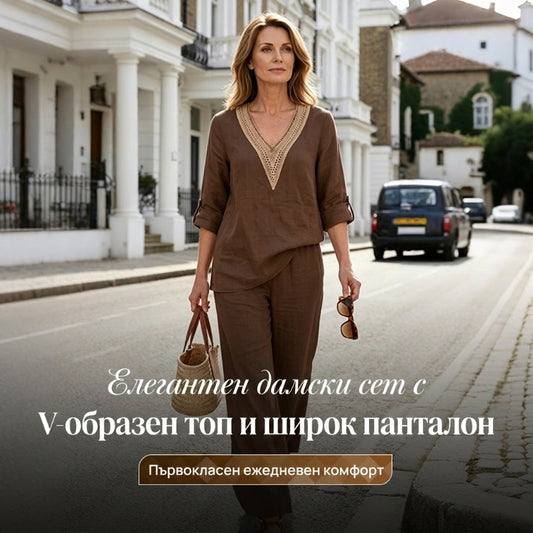 Дамски топ с V-образно деколте и широки панталони