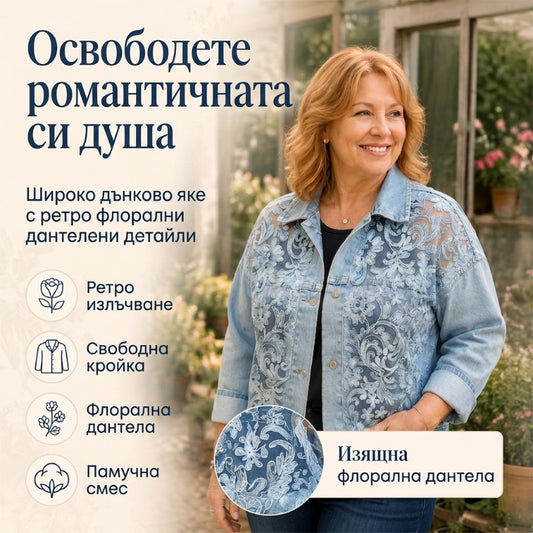 🌺Дамско свободно дънково яке с флорална дантелена апликация💥