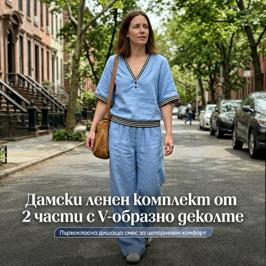 🔥Дамски ленен комплект с V-образно деколте☁️💙