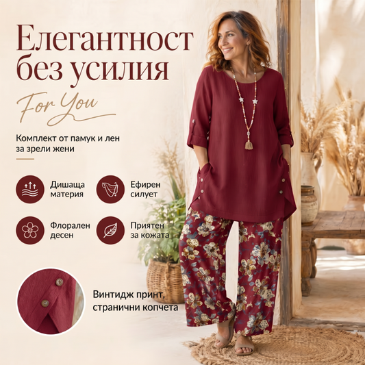 🌼🔥49% отстъпка! Дамски бохем комплект от памук и лен, три четвърти ръкави и широки панталони