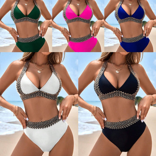 🔥Секси ваканционни бански с V-образно деколте с вълнообразен модел👙