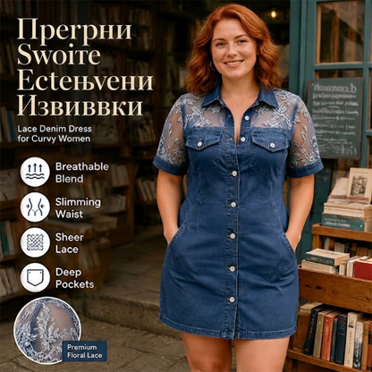 😎👗Дамска модна мини рокля от прозрачна дантела и деним☁️