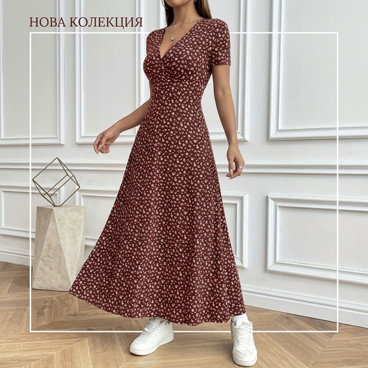 🌺Дамска ежедневна рокля с V-образно деколте и флорален принт💃