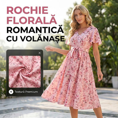 👗🌸 Макси рокля с V-образно деколте, флорален десен, волани на ръкавите и колан