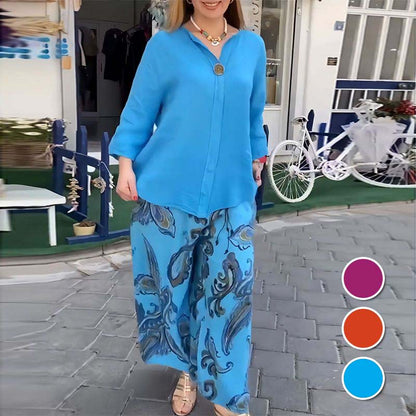 💙Последна промоция от фабриката🌸Дамски ежедневен двуделен комплект с дълъг ръкав и широки панталони с принт