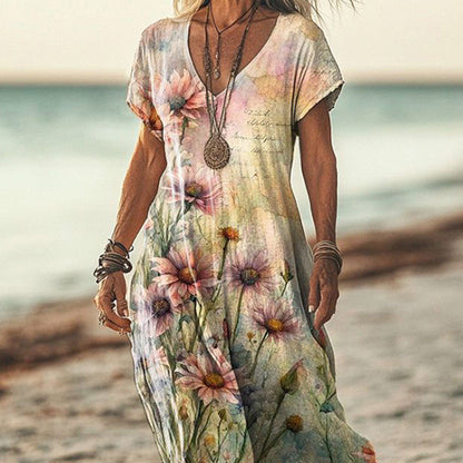Жените елегантен цветен печат V-образно деколте къс ръкав рокля