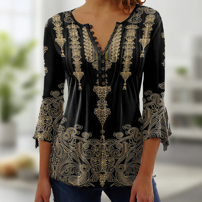 Floral Pattern V-Neck Button Top with Flare Sleeves.