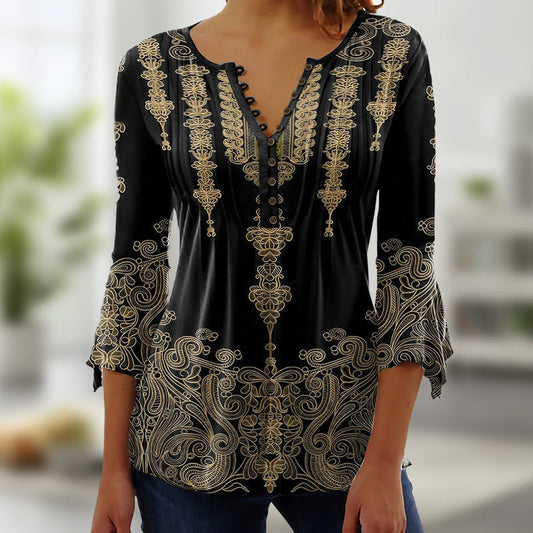 Floral Pattern V-Neck Button Top with Flare Sleeves.