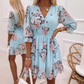 💐Женска рокля с флорален модел, V-образно деколте, волани и А-силует👗
