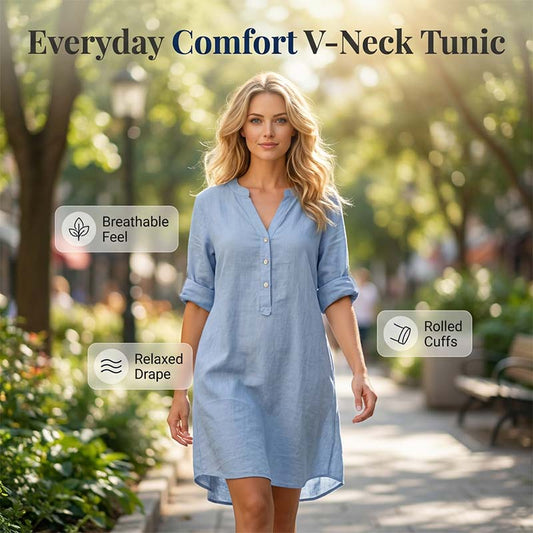 Damski Casual Tunic z Dekoltem w Kształcie Litery V i Guzikami