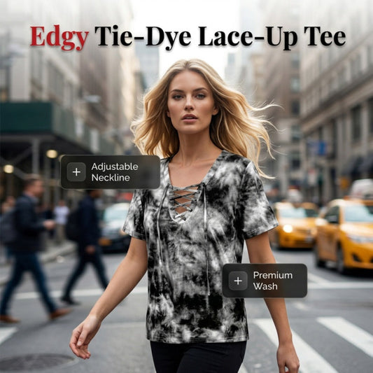 Tricou pentru femei, cu imprimeu tie-dye, șiret și decolteu în V