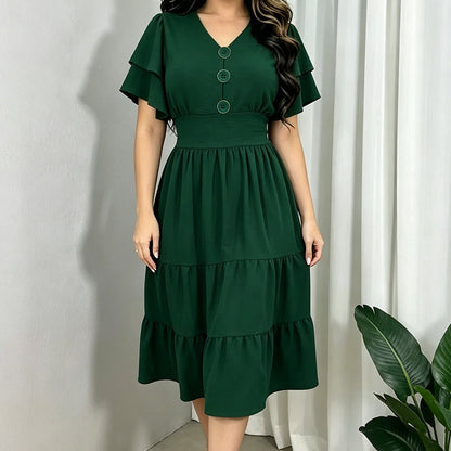 Women's V-Neck Flutter Sleeve Tiered Midi Dress