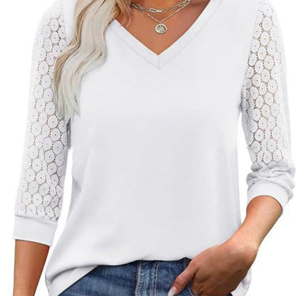 Damski Casual Top z Dekoltem w Kształcie Litery V, Koronką i Rękawem 3/4