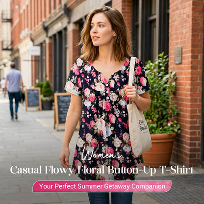 Damski Luźny Kwiatowy T-shirt z Guzikami