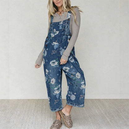 🌺Дамски дънкови гащеризони с ретро флорален принт👖
