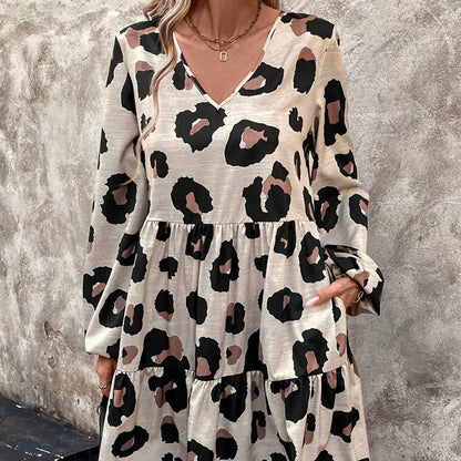 🐆Дамска рокля с леопардов принт, V-образно деколте и свободна кройка👗