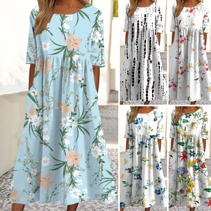 👗🌸Елегантна дамска рокля с флорални мотиви, с кръгла деколте и дълги ръкави