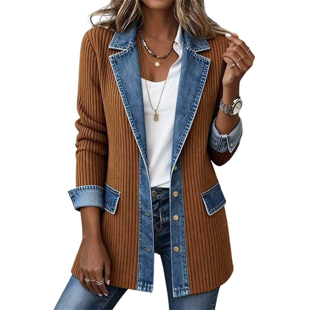 🌸LAST DAY SPECIAL PRICE!!🌸Women’s Elegant Denim Spliced Ribbed Knit Coat-12