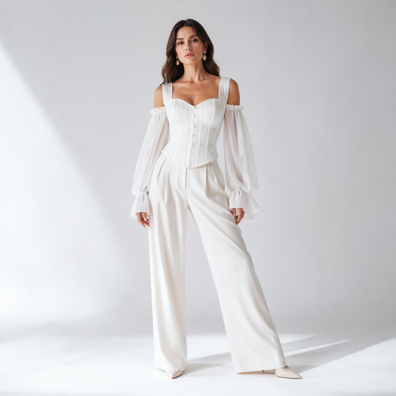 ✨ Women's Cold Shoulder Floral Jacquard Top – Elegant Corset Fit With Romantic Lantern Sleeves 🌸-2
