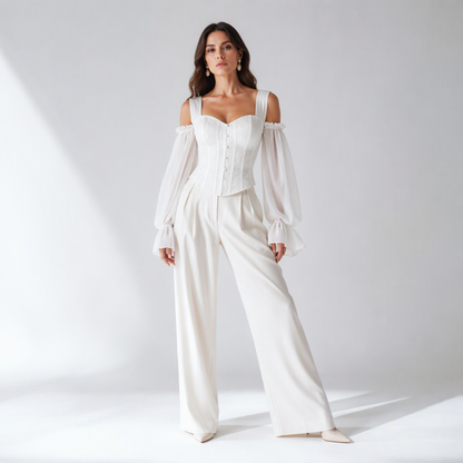 ✨ Women's Cold Shoulder Floral Jacquard Top – Elegant Corset Fit With Romantic Lantern Sleeves 🌸-2