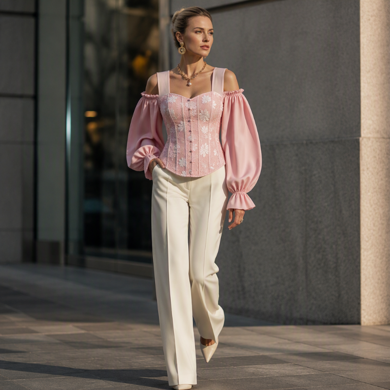 ✨ Women's Cold Shoulder Floral Jacquard Top – Elegant Corset Fit With Romantic Lantern Sleeves 🌸-3