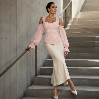 ✨ Women's Cold Shoulder Floral Jacquard Top – Elegant Corset Fit With Romantic Lantern Sleeves 🌸-4