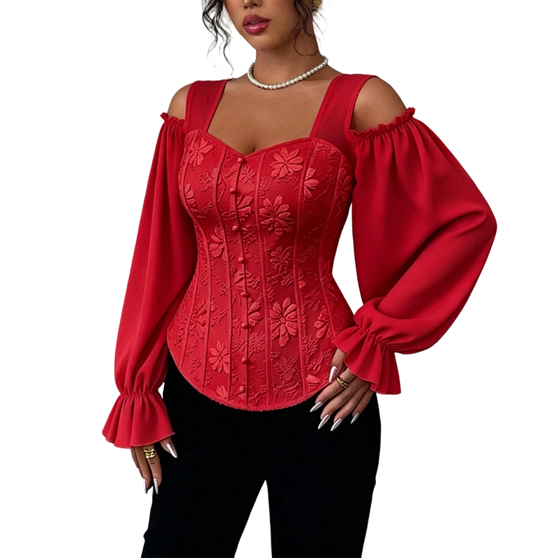 ✨ Women's Cold Shoulder Floral Jacquard Top – Elegant Corset Fit With Romantic Lantern Sleeves 🌸-12