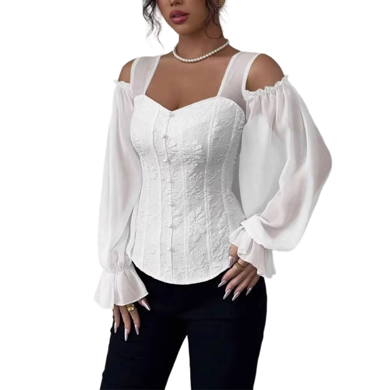 ✨ Women's Cold Shoulder Floral Jacquard Top – Elegant Corset Fit With Romantic Lantern Sleeves 🌸-13