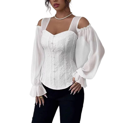 ✨ Women's Cold Shoulder Floral Jacquard Top – Elegant Corset Fit With Romantic Lantern Sleeves 🌸-13