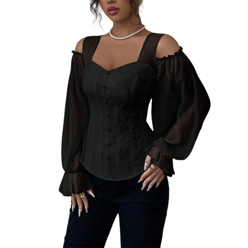 ✨ Women's Cold Shoulder Floral Jacquard Top – Elegant Corset Fit With Romantic Lantern Sleeves 🌸-14