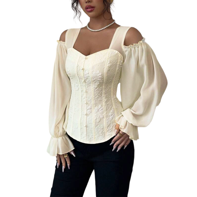 ✨ Women's Cold Shoulder Floral Jacquard Top – Elegant Corset Fit With Romantic Lantern Sleeves 🌸-15