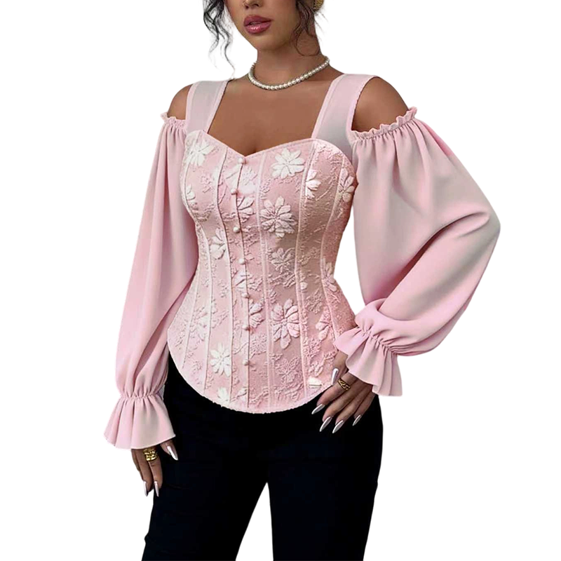 ✨ Women's Cold Shoulder Floral Jacquard Top – Elegant Corset Fit With Romantic Lantern Sleeves 🌸-16