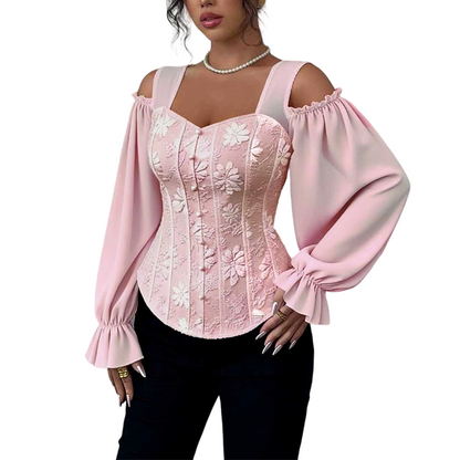 ✨ Women's Cold Shoulder Floral Jacquard Top – Elegant Corset Fit With Romantic Lantern Sleeves 🌸-16