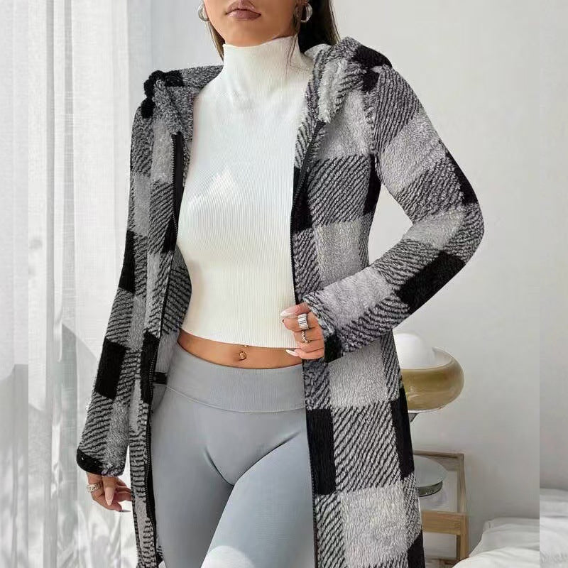 💖 Classic Plaid, Cozy Long-Line Coverage 🍂Women's Zip-Up Hooded Jacket