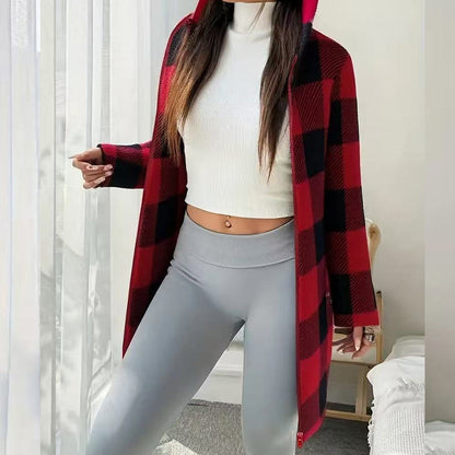 💖 Classic Plaid, Cozy Long-Line Coverage 🍂Women's Zip-Up Hooded Jacket