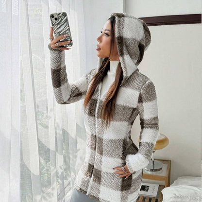 💖 Classic Plaid, Cozy Long-Line Coverage 🍂Women's Zip-Up Hooded Jacket