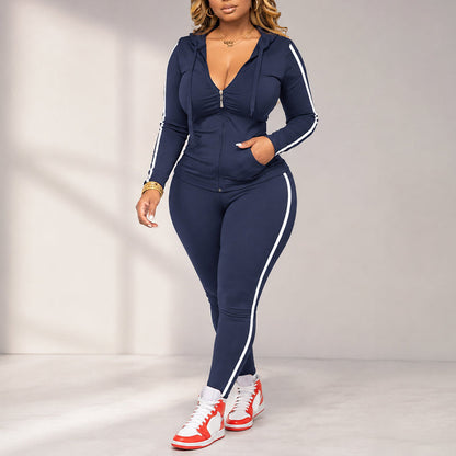 Women's Striped Zip-Up Hoodie & Pants Set-9