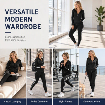 Women's Striped Zip-Up Hoodie & Pants Set-5