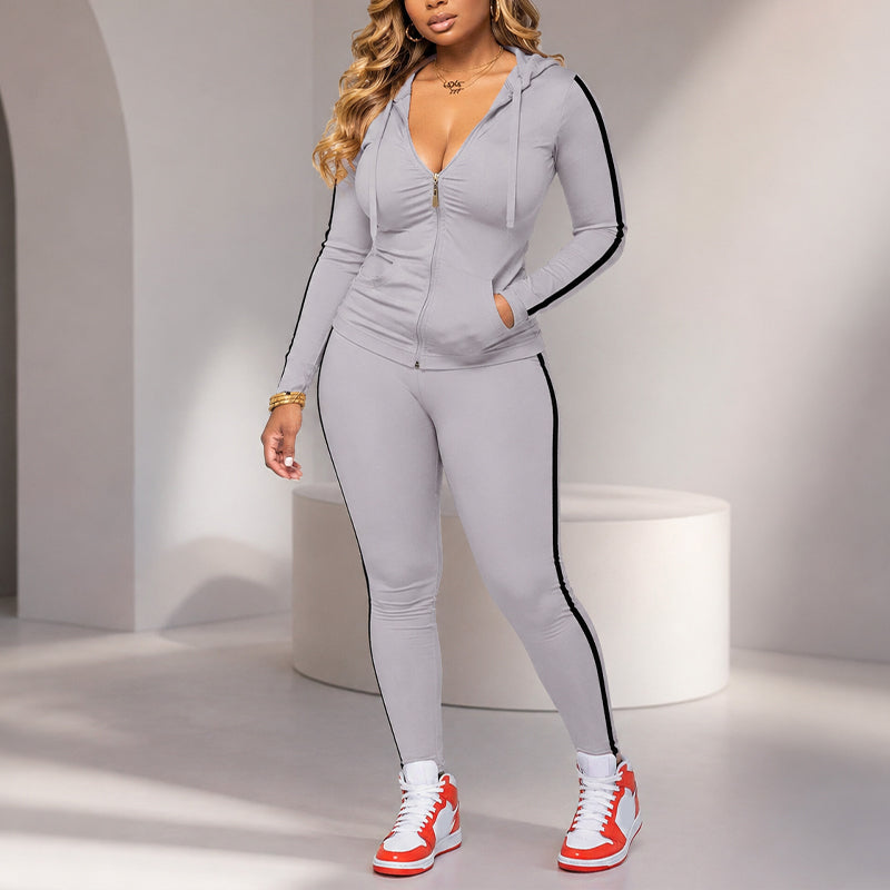 Women's Striped Zip-Up Hoodie & Pants Set-13