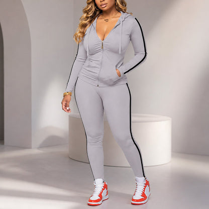 Women's Striped Zip-Up Hoodie & Pants Set-13