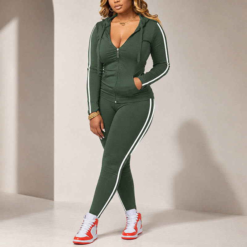 Women's Striped Zip-Up Hoodie & Pants Set-12