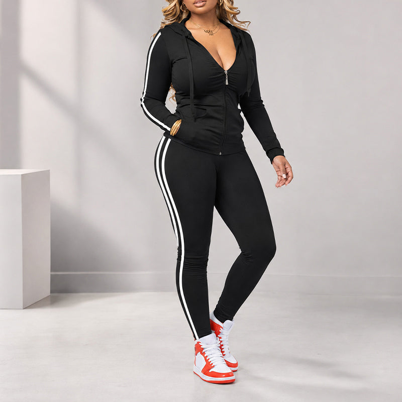 Women's Striped Zip-Up Hoodie & Pants Set-10