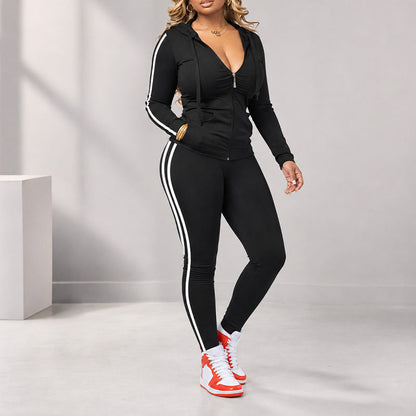 Women's Striped Zip-Up Hoodie & Pants Set-10