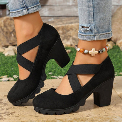 🎉🎁🔥Women's Round Toe Crisscross Strap Mary Jane Shoes – Chunky Heel Platform Cutout High Heels