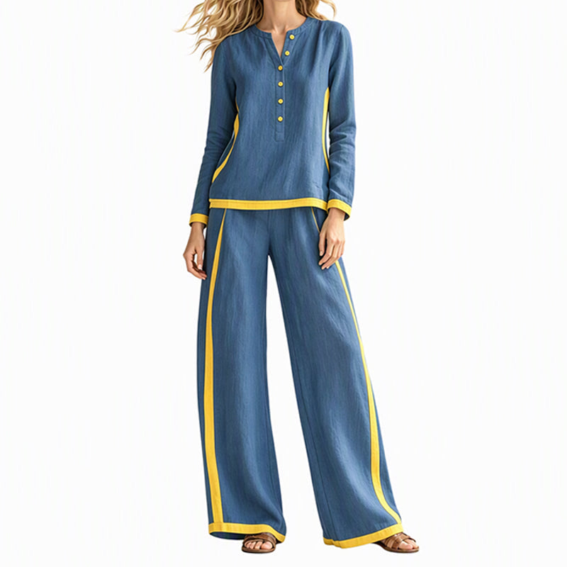👖 Women's Colorblock Long Sleeve Top & Wide-Leg Pants Set