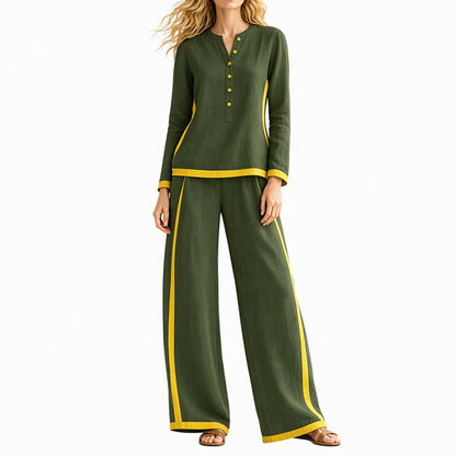 👖 Women's Colorblock Long Sleeve Top & Wide-Leg Pants Set